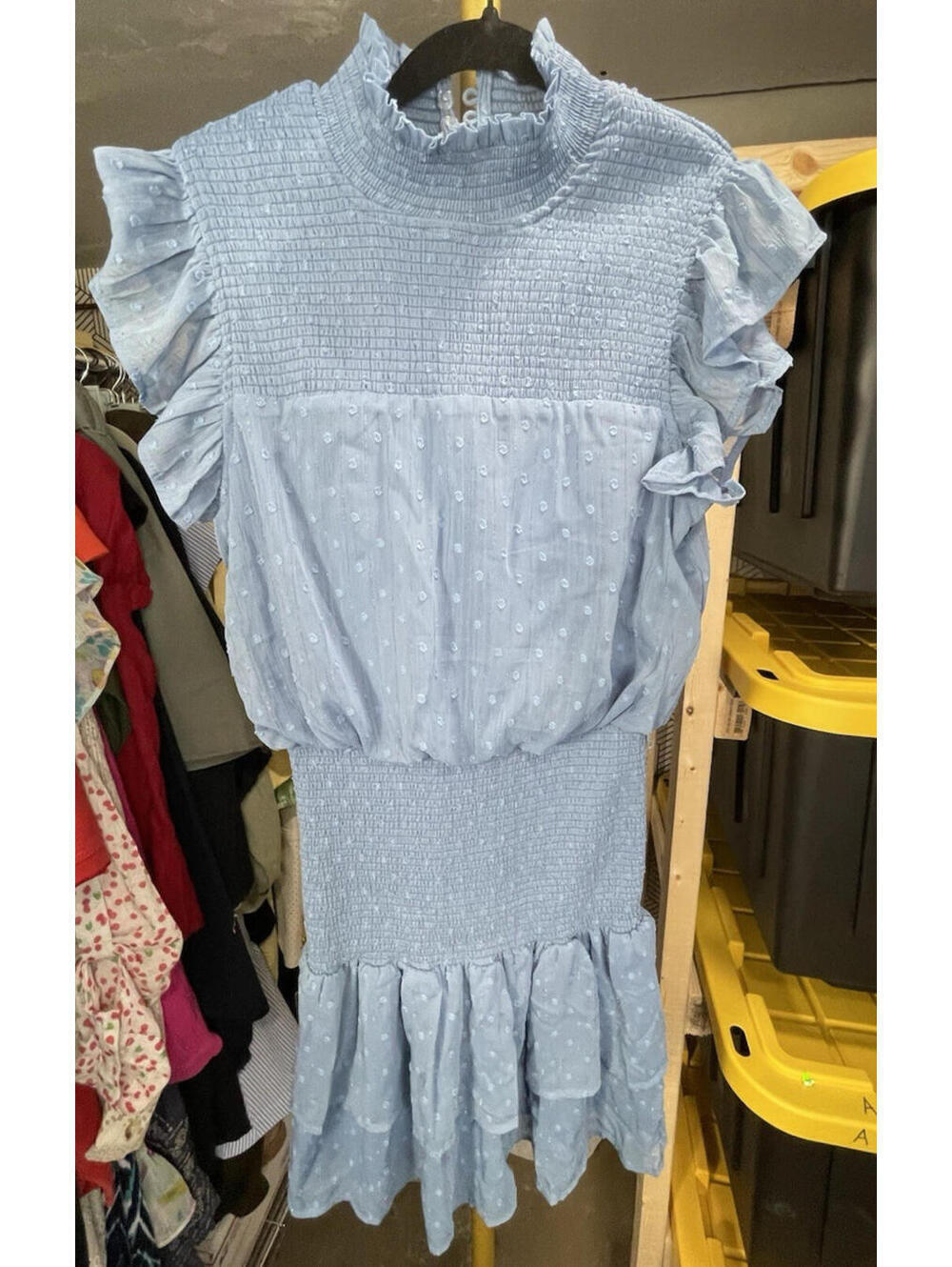 Aqua Women's Ruffle Smocked Mini Dress Blue Short Sleeve Party Casual Sz XS EUC